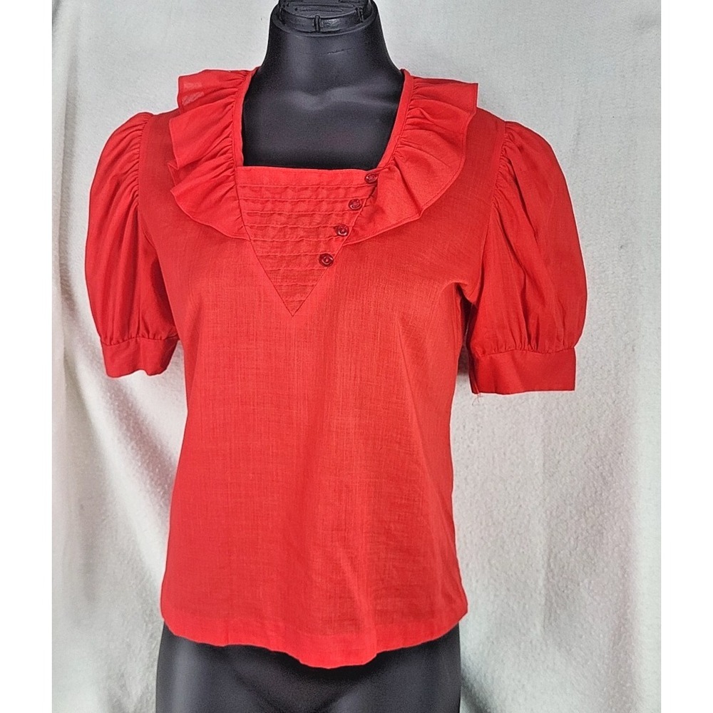 Vintage 70s Pintuck‎ Puff Sleeve Blouse Size 9 Red Third Generation Ruffle Disco